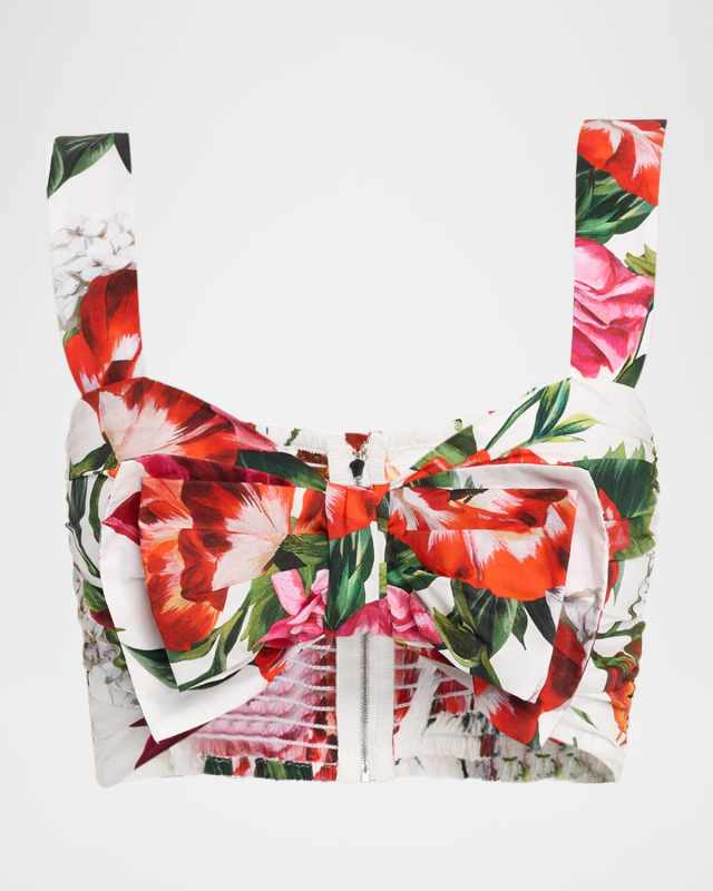Anemone Lilly-Print Popeline Bow Crop Top